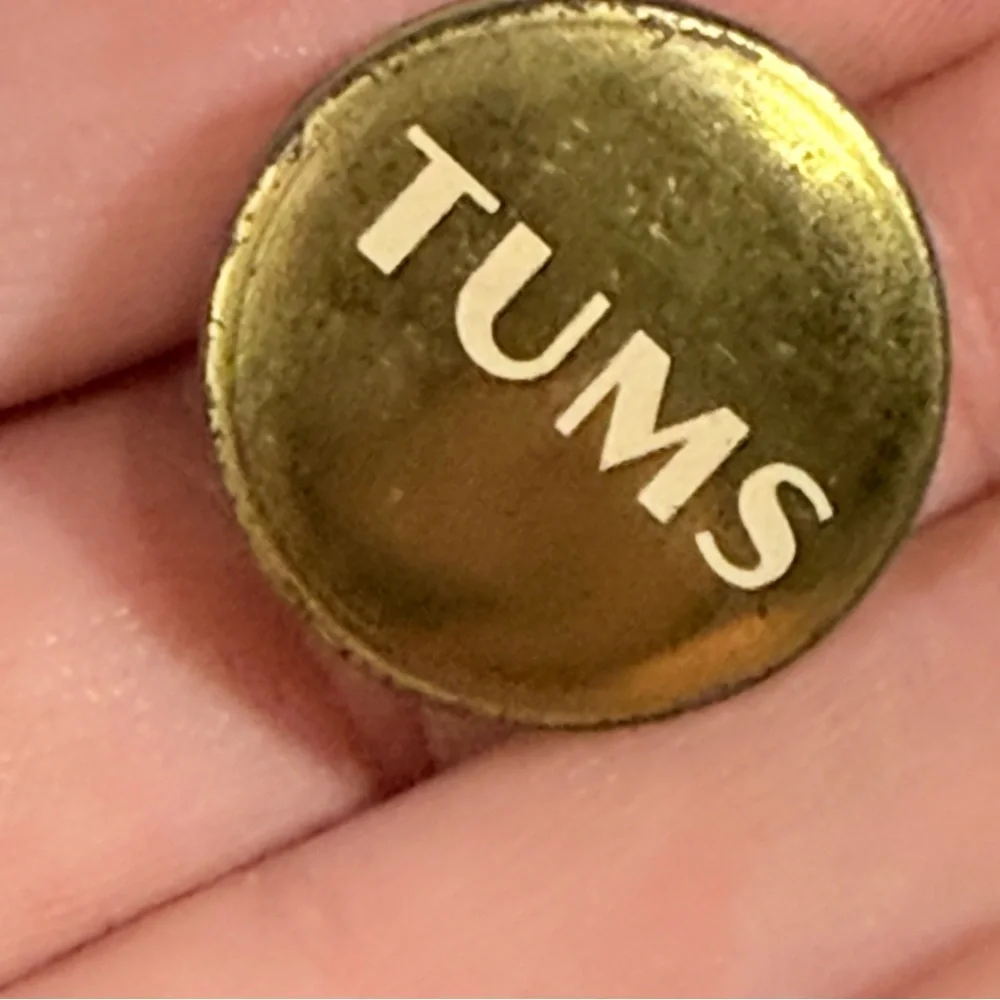 Tums Antacid Vintage Metal Pushup Pocket Travel Container Fruit Print Gld Ivory